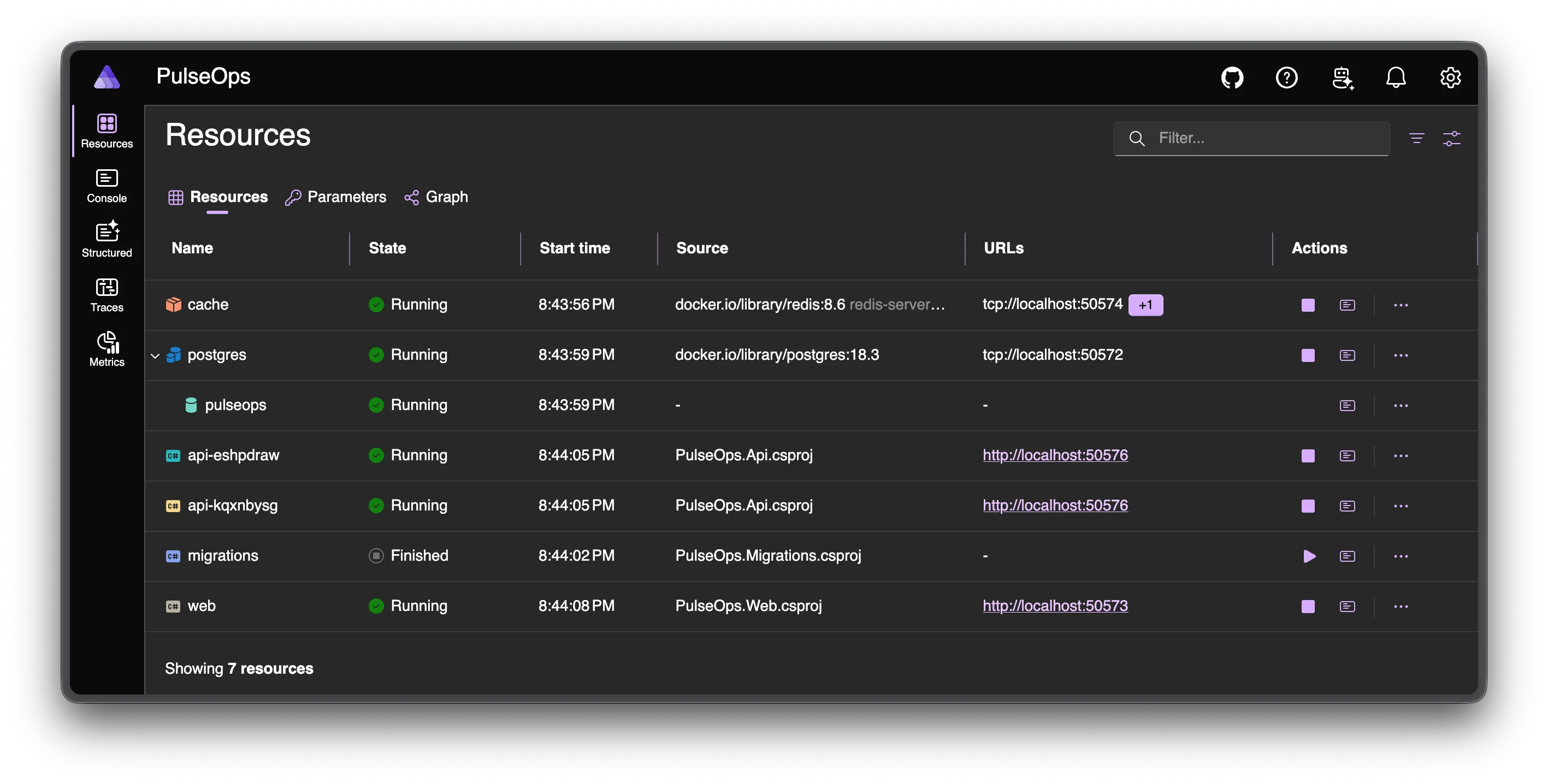The Aspire dashboard showing Redis, PostgreSQL, the PulseOps database, two API replicas, the completed migration process, and the web frontend.