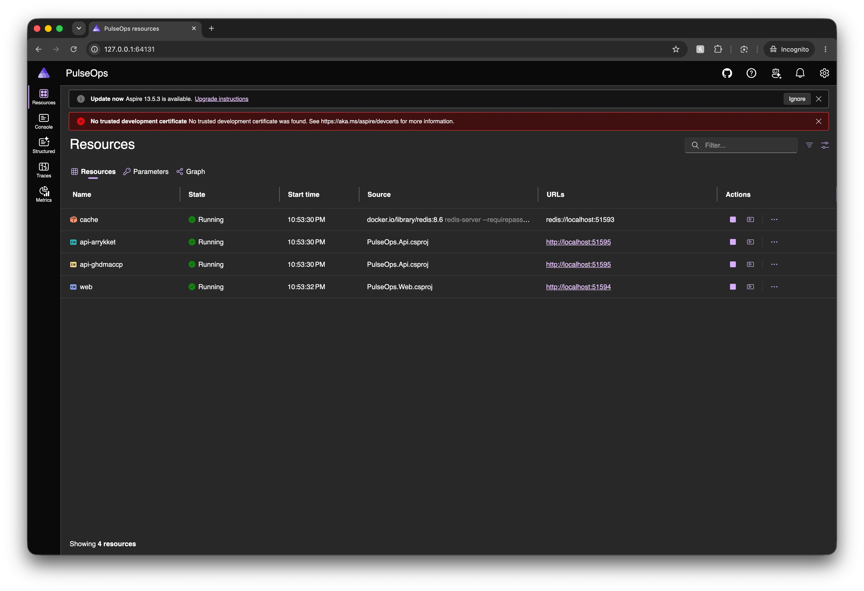 The Aspire dashboard showing Redis, two PulseOps API replicas, and the web application running together.